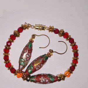 chinese hand painted beaded bracelet and earring set